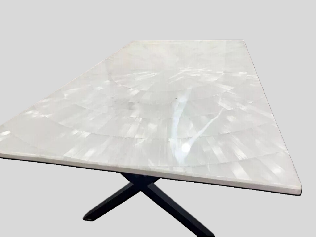 Rectangular Selenite Top Dining Table Handmade Mid Century Modern Sunburst Pattern Luxury Furniture  